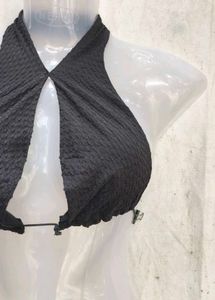 Black Textured Halterneck Bikini Top
