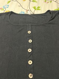 Black Ribbed Button-Up Top