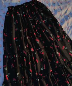 Black Cherry Print Tiered Midi Skirt