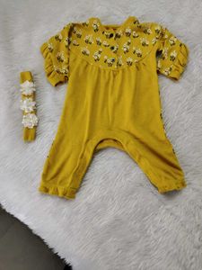 Cute Baby Girl Yellow Floral Romper & Headband Set