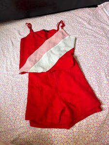 Red Two-Piece Set with Pink Stripe Detail