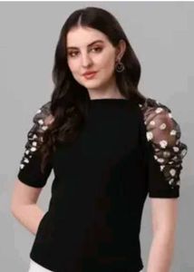 Chic Black Top with Floral Puff Sleeves
