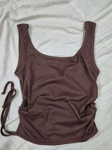 Brown Ruched Tank Top with Tie Detail