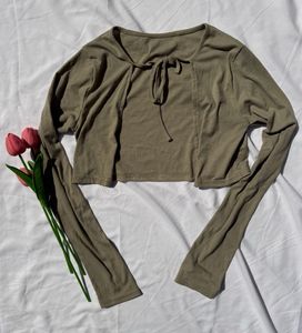 Olive Green Tie-Neck Cropped Top