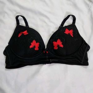 Floral Embroidered Black Bra