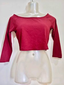 Maroon Off-Shoulder Long Sleeve Crop Top