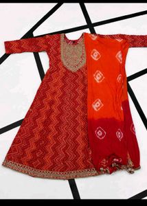 Elegant Red Bandhani Print Kurta Set with Dupatta