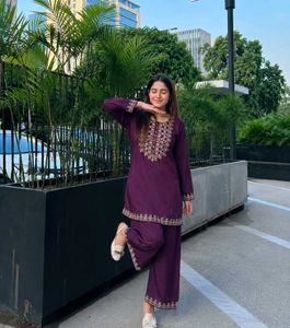 Brand New Purple Embroidered Kurta Pant Set | Wome
