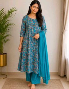 Beautiful Floral Print Kurta with Teal Pants