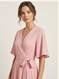 Pink Flutter Sleeve Wrap Dress