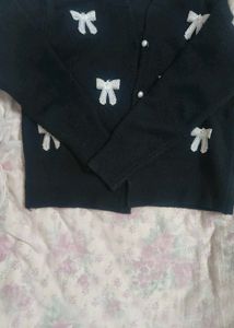 Bow Embellished Black Cardigan