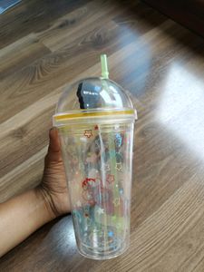 Kids Cartoon Print Milk Glass With Straw