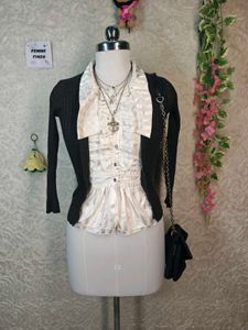 Ruffle Trim Button-Up Blouse with Cardigan