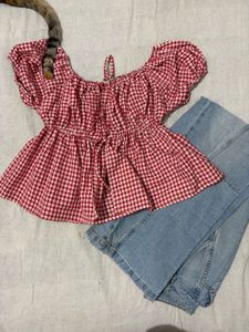Red Gingham Off-Shoulder Top and jeans zudio