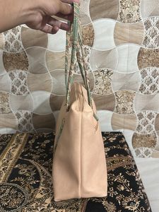 Stylish Beige Tote Bag with Green Accents