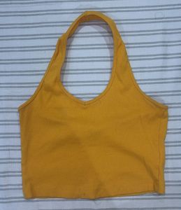 Yellow Ribbed Halter Neck Crop Top