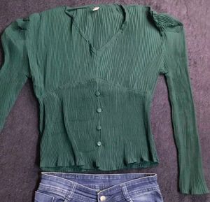 Green Pleated Button-Up Top &amp; Denim Jeans