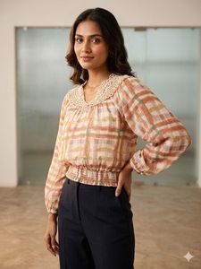 Chic Plaid Top with Crochet Neckline