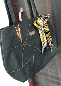 Stylish Black Shoulder Bag with Scarf Accent