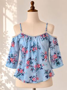 Blue Floral Cold Shoulder Top