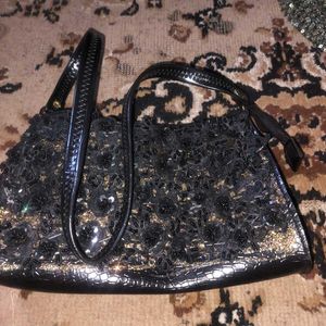 Black Beaded Floral Clutch Bag