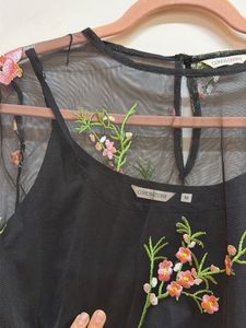 Chic Black Embroidered Mesh Top