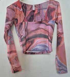 Sheer Marble Print Long Sleeve Top
