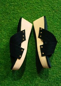 Black Cross-Strap Wedge Sandal