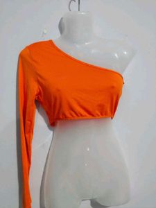Orange One Shoulder Long Sleeve Crop Top