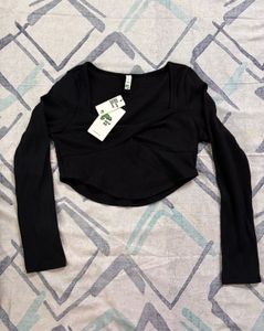 Newme Black Ribbed Twist Front Crop Top