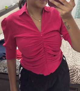Chic Ruched V-Neck Pink Top