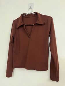 Collared Long Sleeve Cropped Top