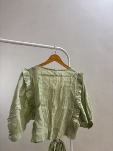 Light Green Tie-Front Ruffle Korean Top