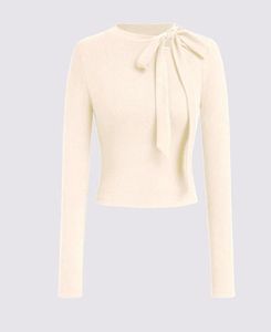 Elegant Beige Long Sleeve Tie-Neck Top