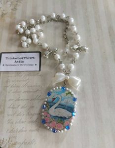 Enchanted Swan Lake Clay Pendant Bow Necklace
