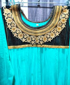 Teal Anarkali Dress, Black Border, Gold Embroidery