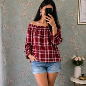 Maroon Plaid Off-Shoulder Top