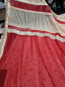 Red Velvet Saree with Embellished Border