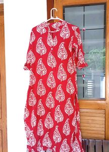 Red Block Print Cotton Kurta
