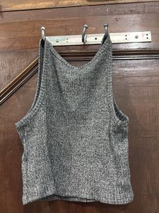 Grey Ribbed V-Neck Tank Top