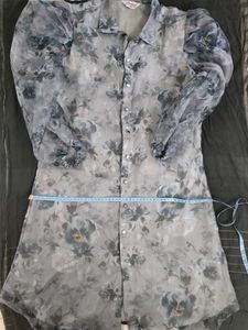 Grey Floral Kurti-Button Front and Long Sleev