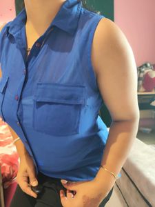 Blue Sleeveless Collared Shirt