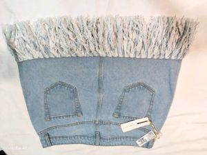 Light Wash Denim Fringed Mini Skirt