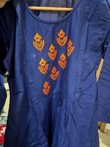 Blue Embroidered Cotton Kurta