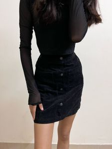 Black Button-Front Mini Skirt with Patch Pockets