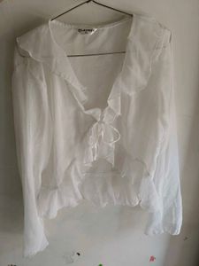 Sheer White Ruffle Tie-Front Top