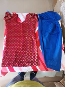 Elegant Red Kurta Set with Blue Pants
