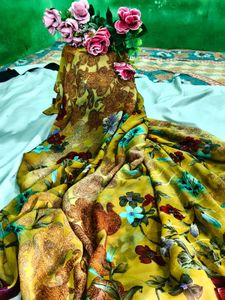 Vibrant Floral Print Yellow Saree