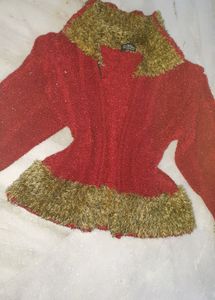 Red And Green Glittery Fur Cardigan