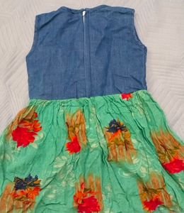 Denim and Floral Printed Frock